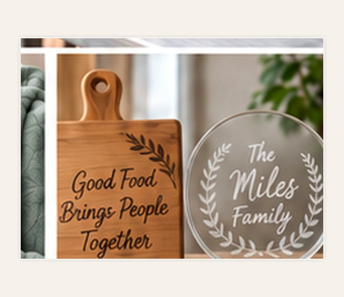 Engraved cutting board and etched glass plate